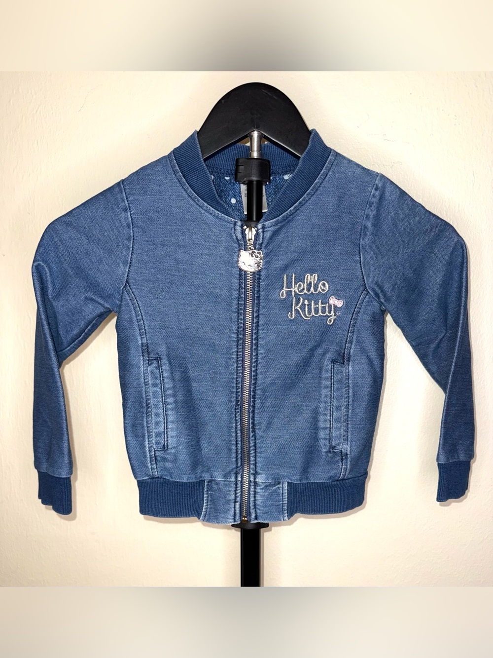 Sanrio Hello Kitty girls' denim-look knit bomber jacket, size 4